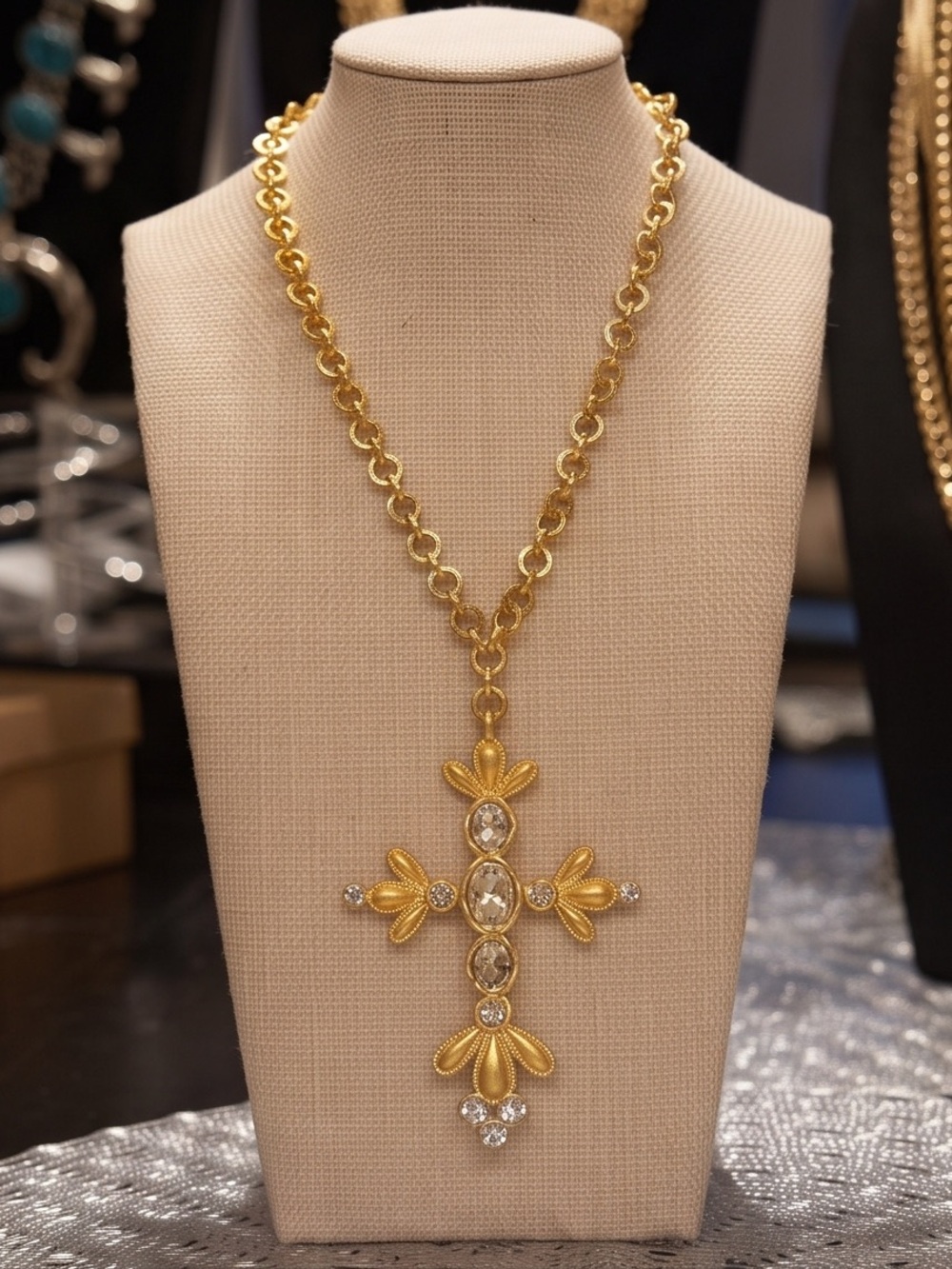 Gold Floral Cross Pendant Necklace with Crystal Accents - Gold